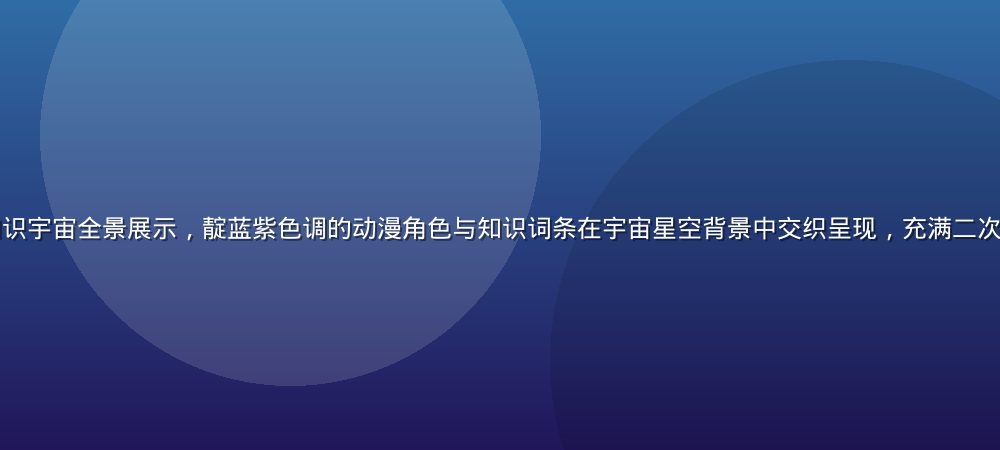 萌娘百科二次元知识宇宙全景展示，靛蓝紫色调的动漫角色与知识词条在宇宙星空背景中交织呈现，充满二次元文化的奇幻氛围